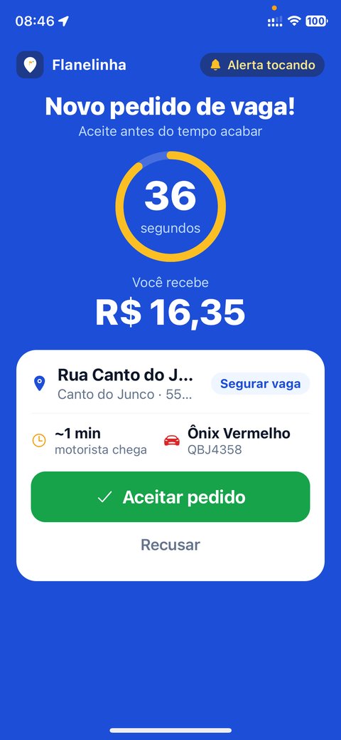 Tela azul de novo pedido de vaga com relógio de contagem regressiva, valor a receber e botões aceitar e recusar