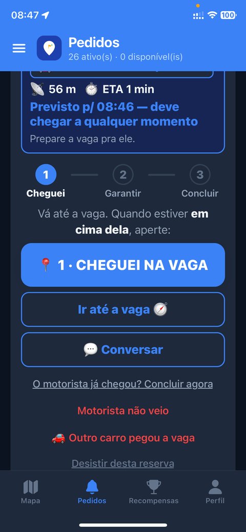 Passo 1 do atendimento: botão azul Cheguei na vaga, com opções Ir até a vaga e Conversar