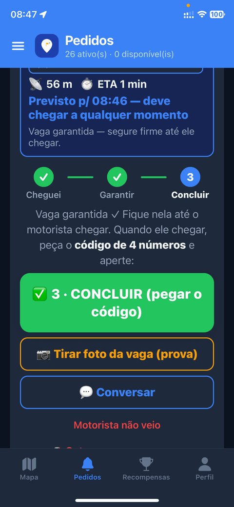 Passo 3 do atendimento: botão verde Concluir pedindo o código de 4 números e botão de tirar foto da vaga