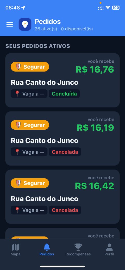 Aba Pedidos com a lista de atendimentos e o status de cada um